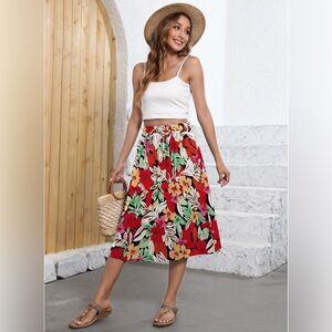 Women’s skirt XXL High Waist A-Line-bohemian red floral new